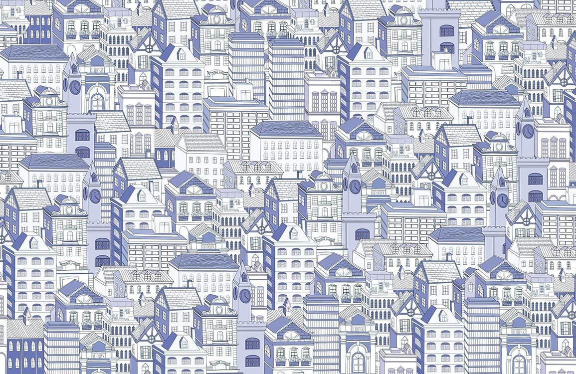 Papier peint mural esquisse de maisons en nuances de violet et blanc pour décor mural