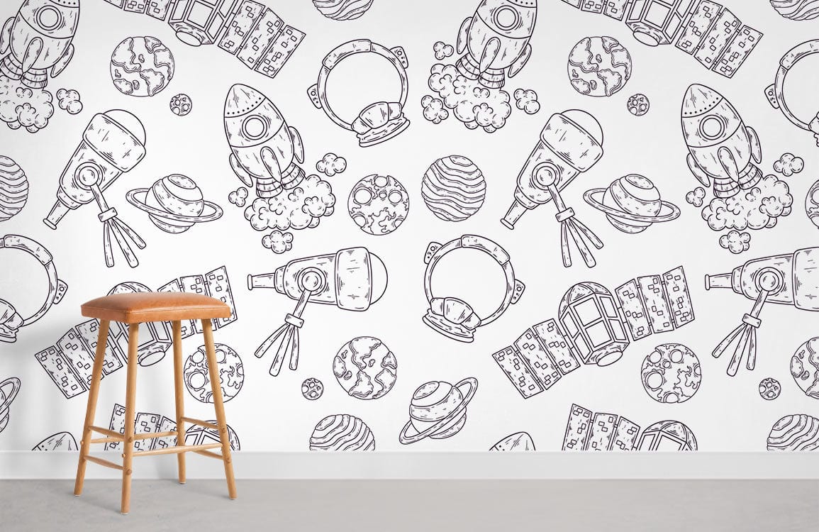 Papier peint mural avec esquisses d’espace non coloré et un barstool en bois et cuir