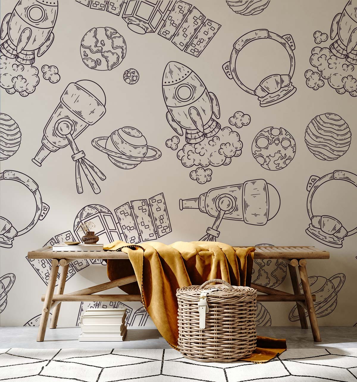 Image d’une banquette en bois avec une couverture jaune, idéale pour papier peint mural esquisses d’espace non coloré