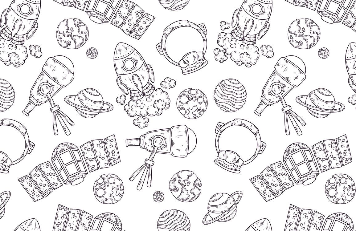 Papier peint mural esquisses d’espace non coloré avec motifs de dessins spatiaux