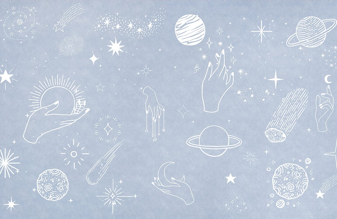 Alt texte pour papier peint mural Étoile bleue avec illustrations célestes et mains mystiques