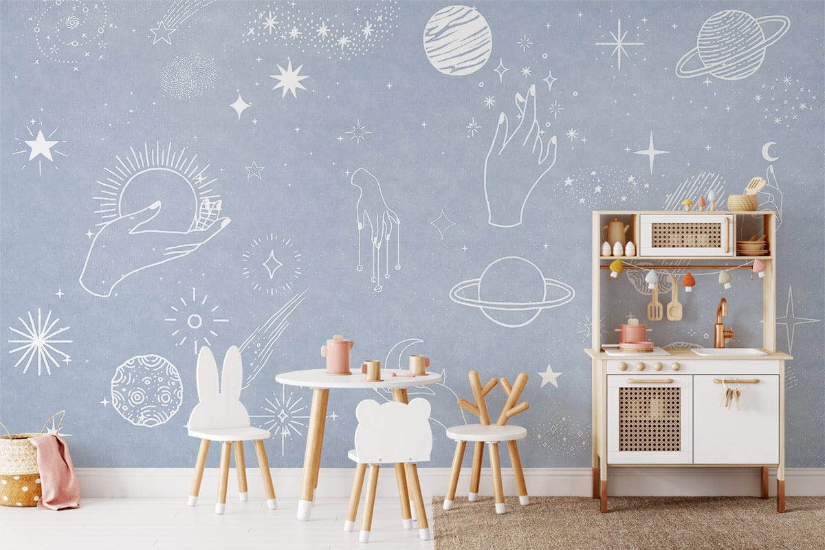 Photo d’une chambre d’enfant avec mural Étoile bleue et papier peint mural cosmique