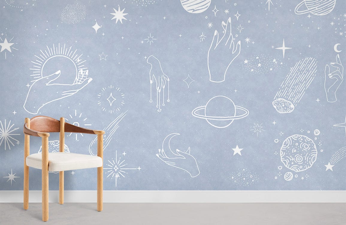 Papier peint mural Étoile bleue avec illustrations célestes blanches et mystiques