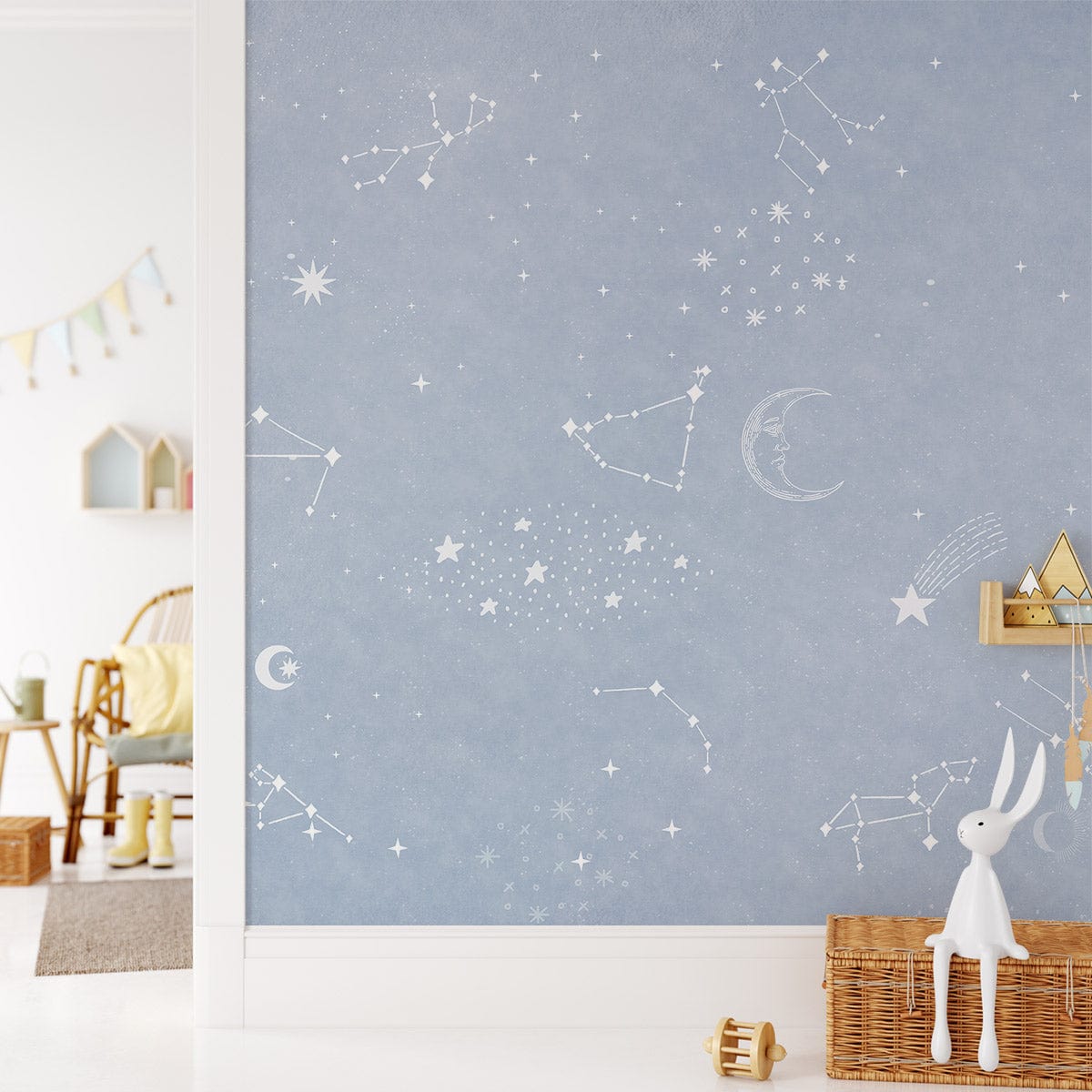 Papier peint mural Étoile gris pour chambre d’enfant avec motif céleste bleu
