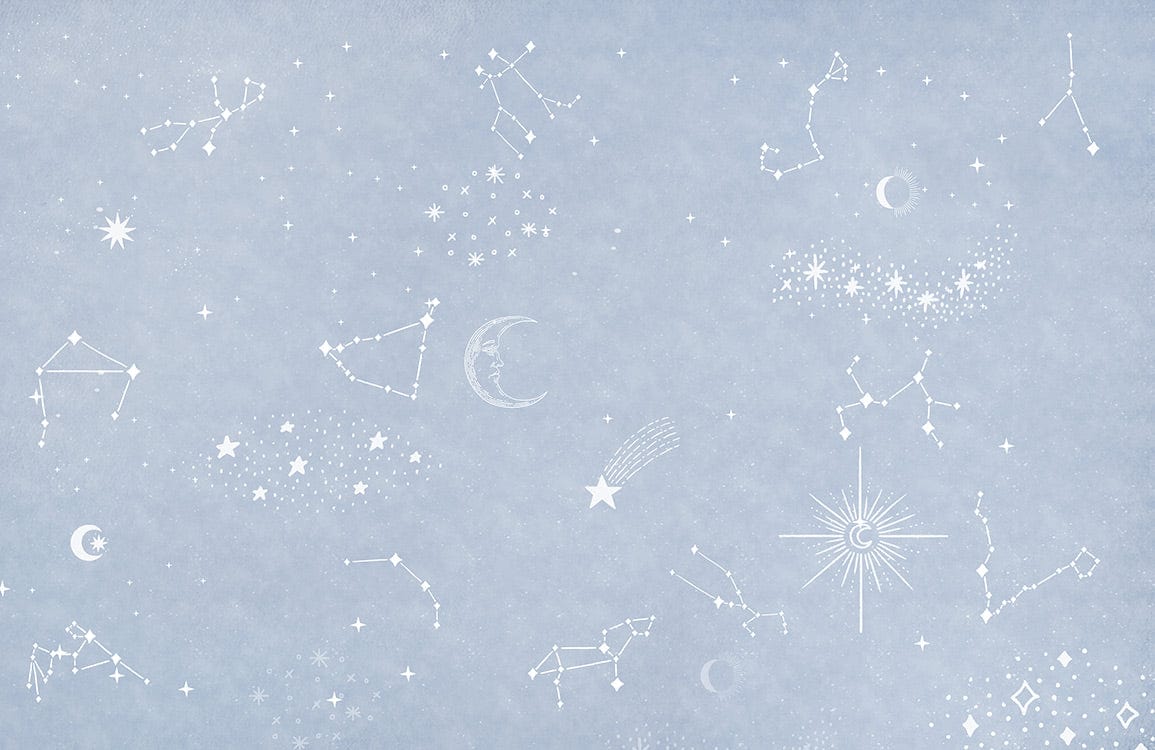 Papier peint mural Étoile grise avec tissu bleu clair et motifs célestes étoiles et lunes