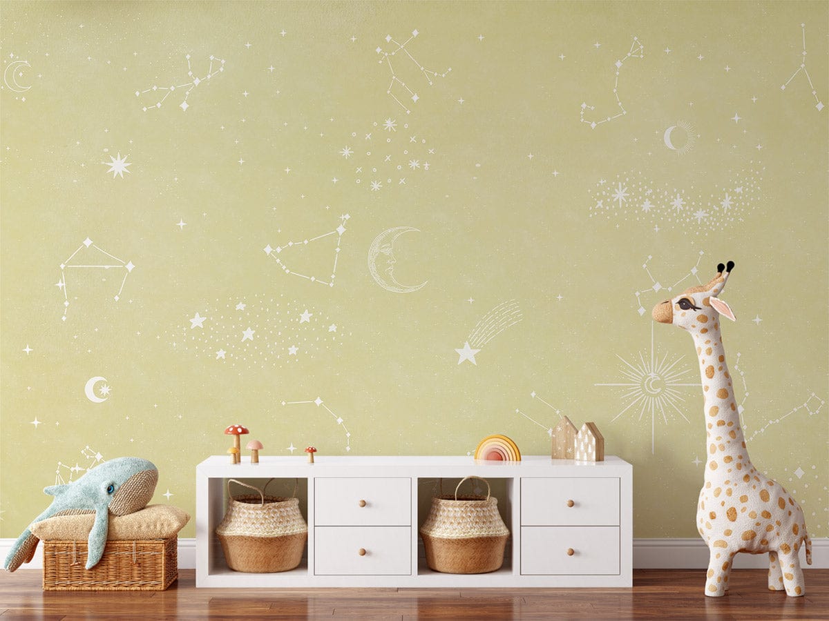 Image d’une chambre d’enfant avec mural étoile jaune et papier peint mural étoile