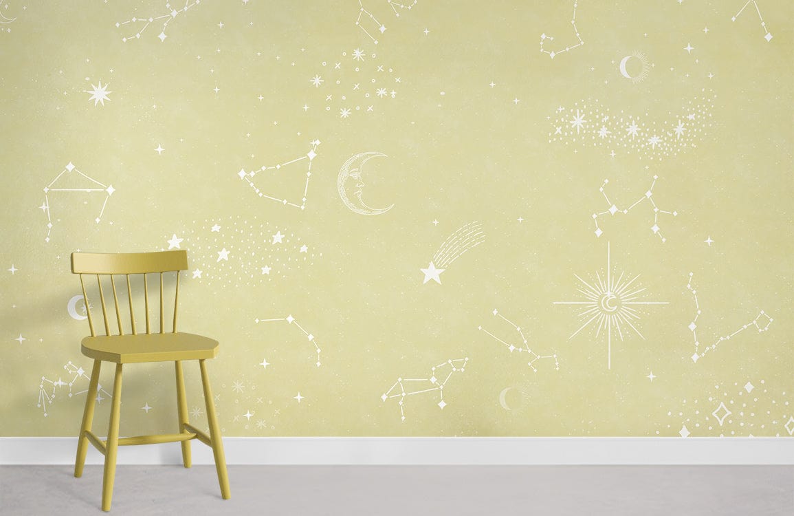 Chaise en bois jaune pâle avec papier peint mural étoile jaune pour décoration intérieure