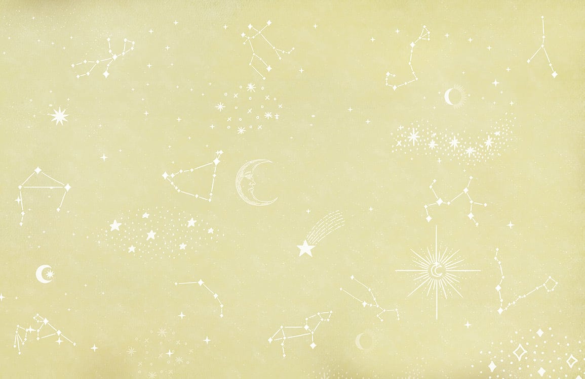 Papier peint mural étoile jaune avec constellations et phases de lune pour décoration céleste