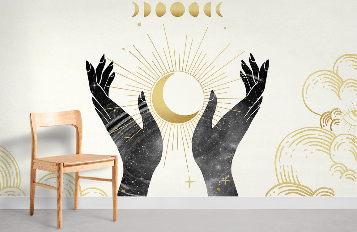 Chaise en bois clair avec design moderne pour le papier peint mural Étoile suspendue