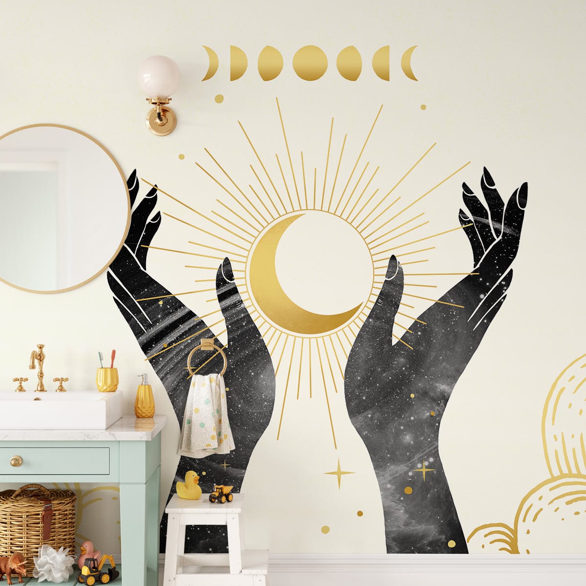 Décor mural Étoile suspendue avec mains tenant le soleil et la lune, papier peint mural magique