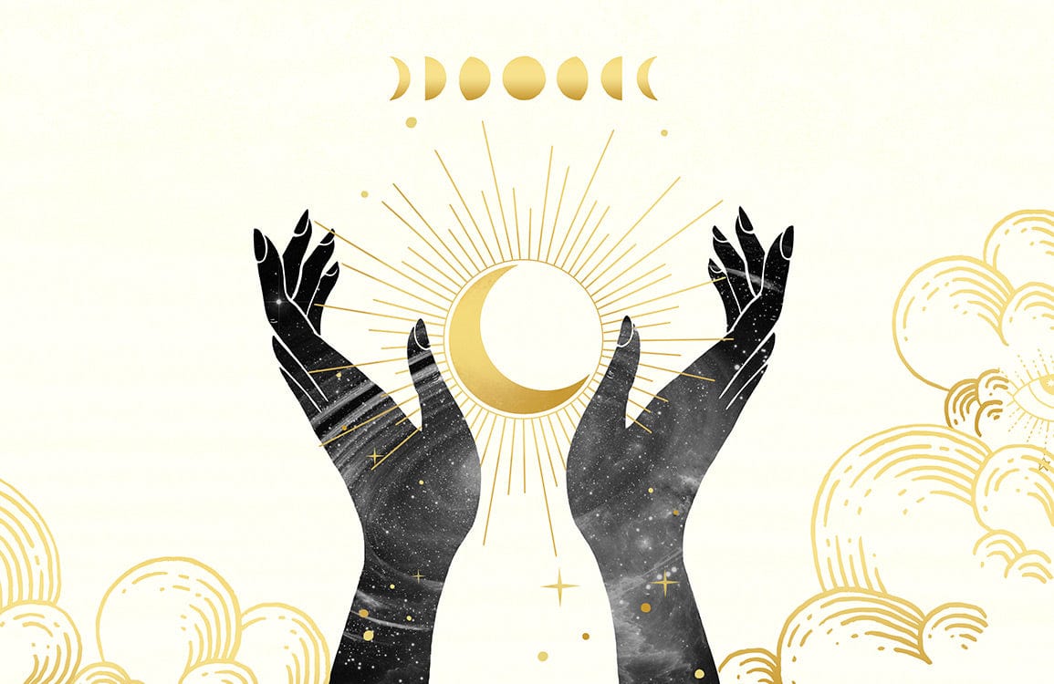 Alt texte montrant des mains stylisées tenant une lune croissante avec rayons de soleil et phases de lune, pour le papier peint mural Étoile suspendue