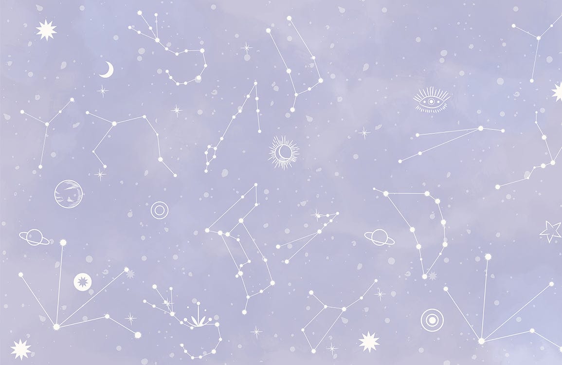 Papier peint mural Étoiles pourpres avec motifs célestes blancs, idéal pour décoration intérieure