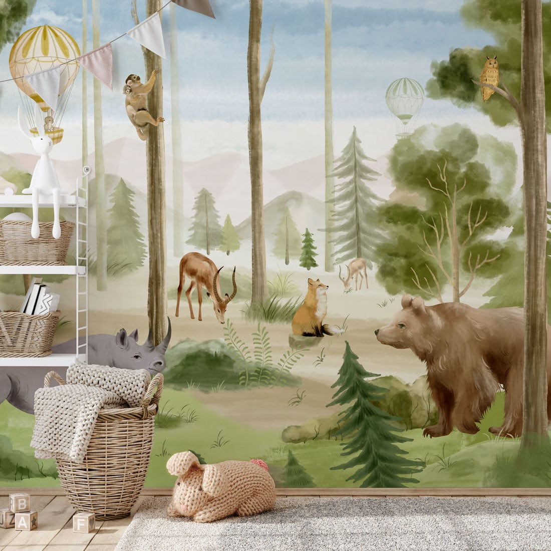 Papier peint mural faune avec animaux de forêt en aquarelle pour chambre d’enfant