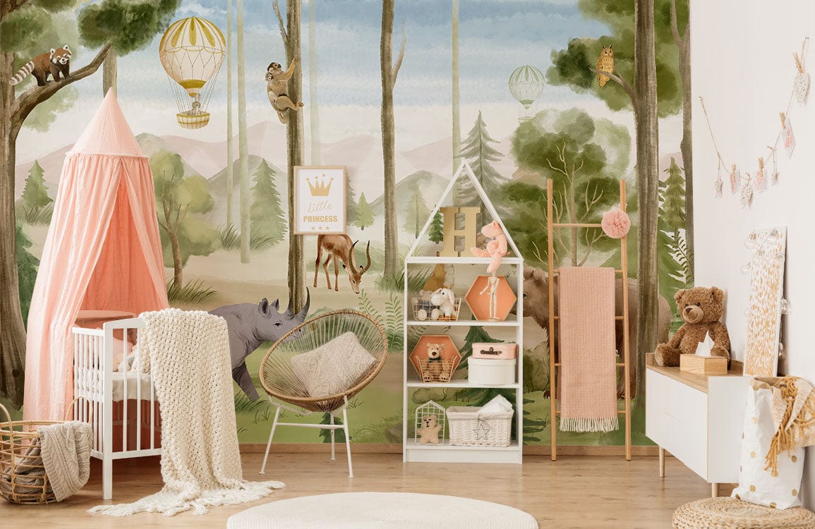 Peint mural faune pour chambre d’enfant avec décor forêt et mobilier nursery