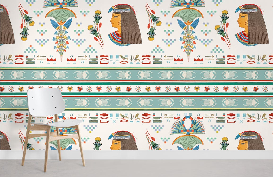 Chaise blanche avec cadre en bois et dos courbé sur le papier peint mural femme égyptienne