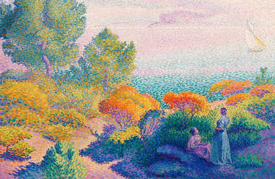 Peint mural femmes vibrant d’un paysage côtier avec deux femmes et un voilier