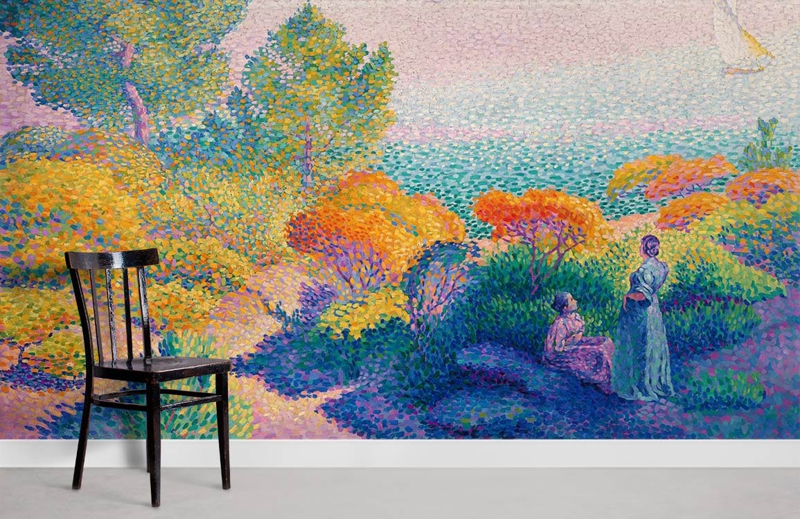 Chaise en bois noir avec papier peint mural Femmes au bord de l’eau