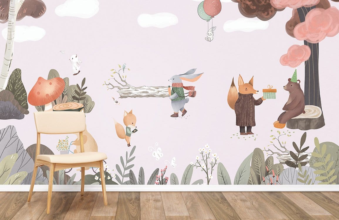 Papier peint mural fête dans la forêt avec animaux fantastiques sur fond rose clair
