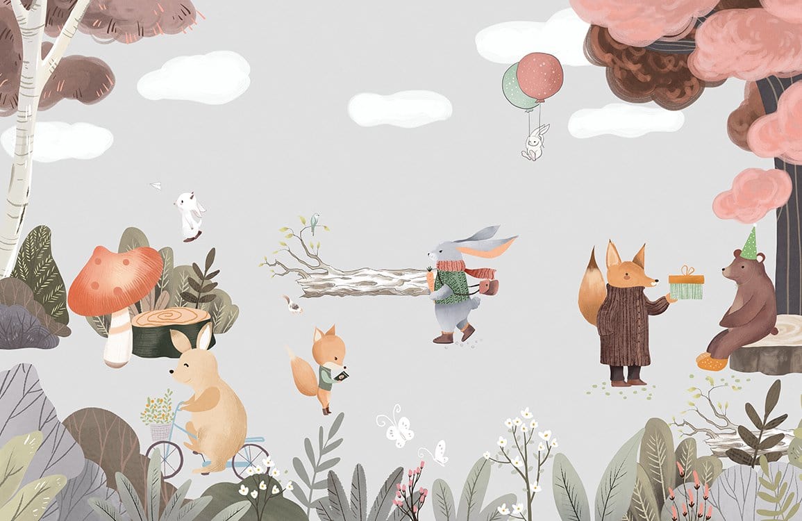 Illustration charmante de animaux forestiers anthropomorphes célébrant sur un papier peint mural fête