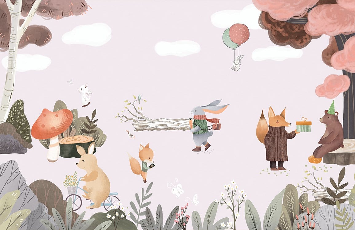 Papier peint mural fête dans la forêt avec animaux dans une scène festive enchantée