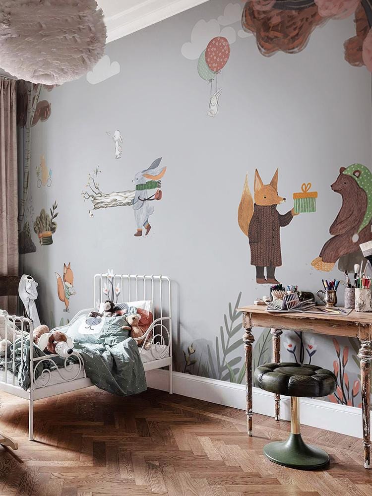 Papier peint mural fête dans la forêt avec animaux pour chambre d’enfants, décor whimsical