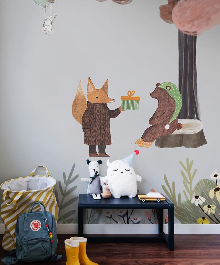 Papier peint mural fête dans la forêt avec renard, ours et animaux forestiers