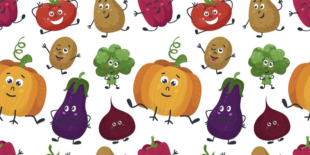 Papier peint mural fête avec motifs de légumes cartoon, parfait pour une décoration ludique