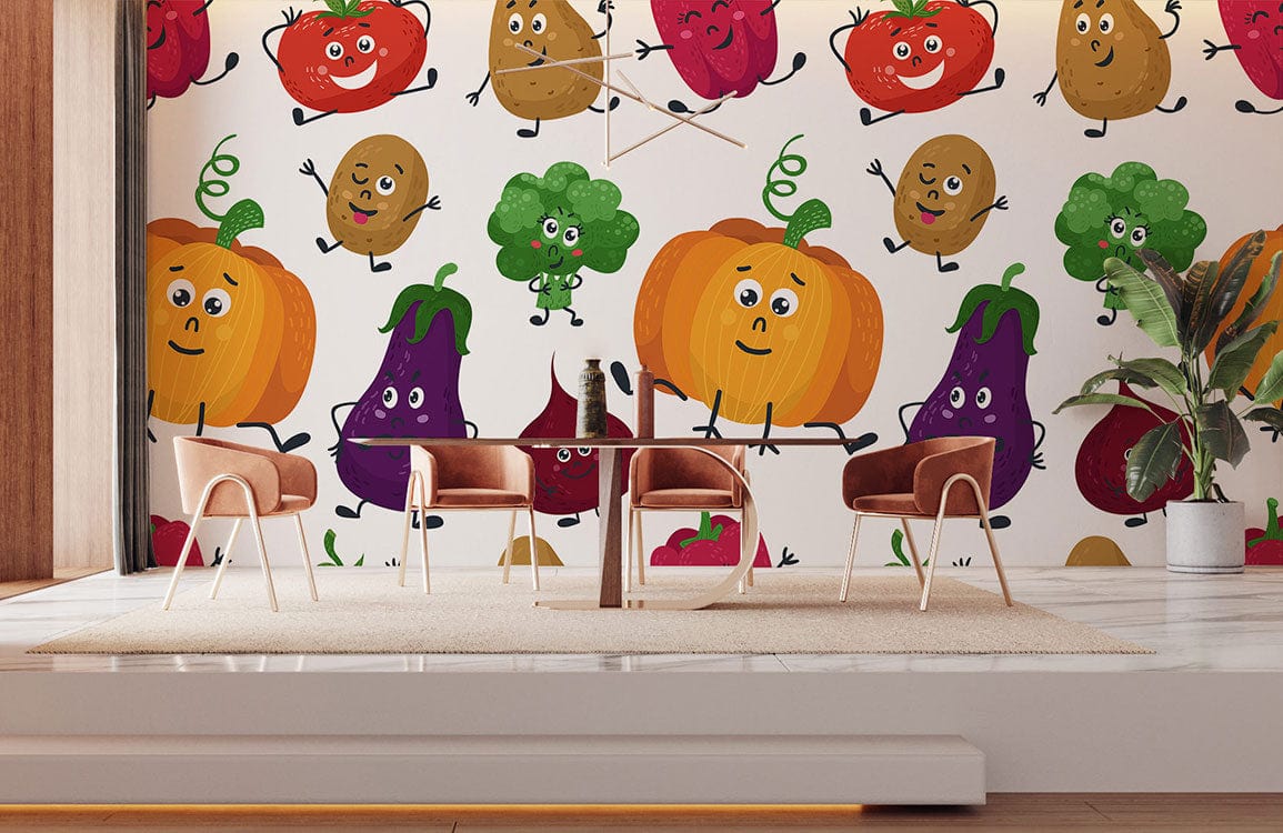 Papier peint mural fête des légumes avec fruits et légumes animés et souriants