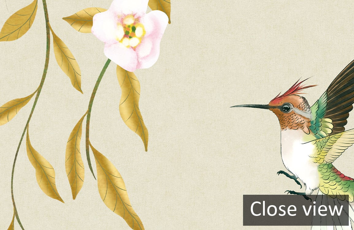 Illustration d’un colibri et d’une fleur sur un papier peint mural feuilles pleureuses neutres