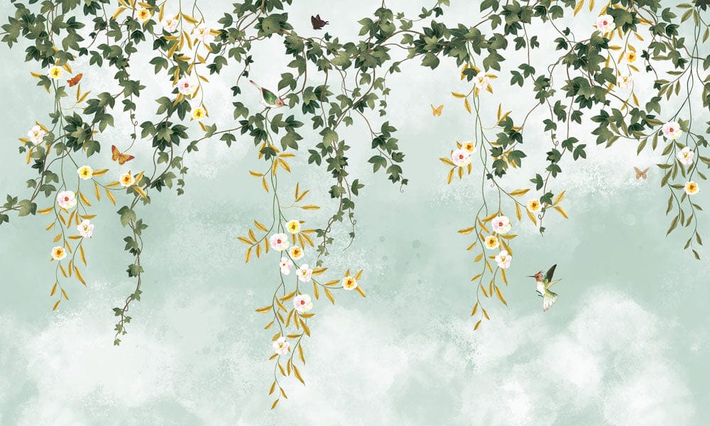 Peinture murale feuilles pleureuses vertes avec fleurs, papillons et colibri