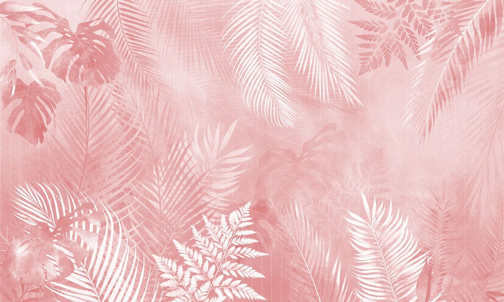 Papier peint mural feuilles tropicales roses avec fond rose et motifs feuilles blanches