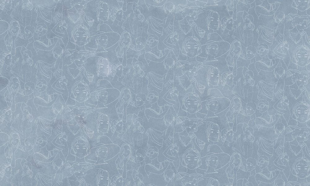 Papier peint mural figure abondante avec visages en lignes blanches sur fond bleu clair
