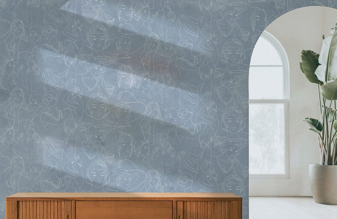 Papier peint mural Figure Abondante avec motif blanc subtil sur mur bleu clair