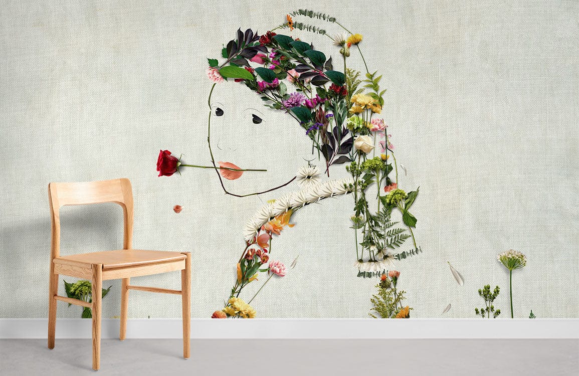 Chaise en bois avec dossier courbé, idéale pour la peinture murale fille aux fleurs