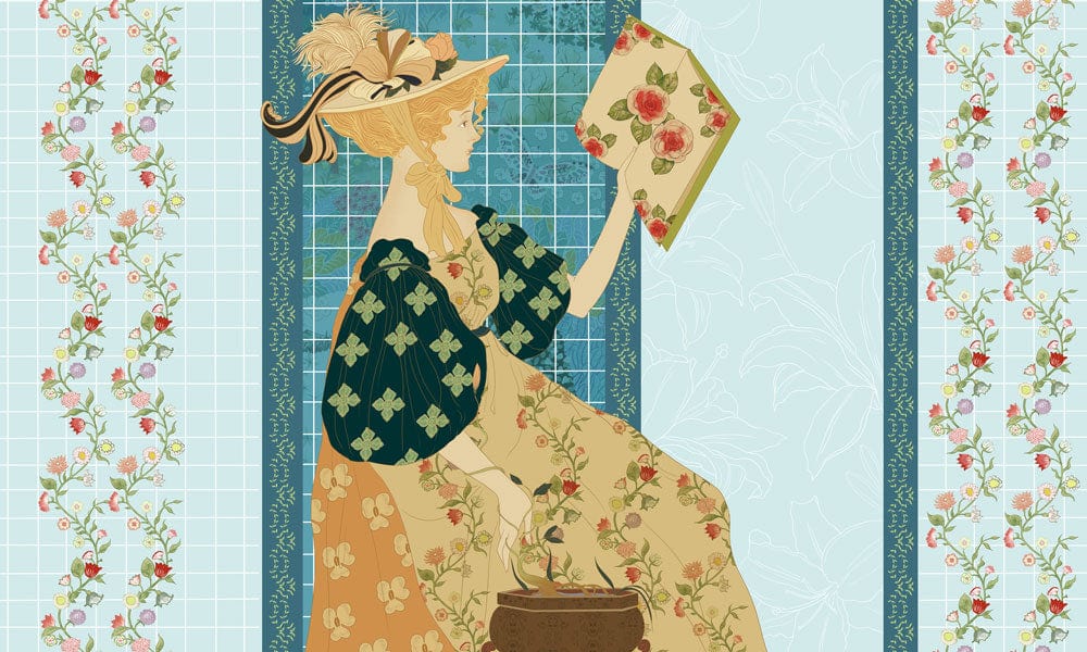 Fille lisant mural avec papier peint mural fille floral et chapeau large-brim