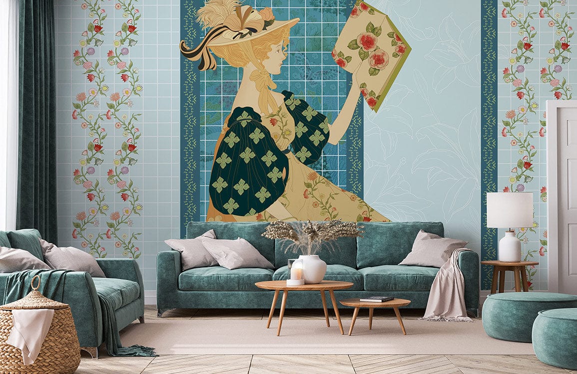Sofa en velours teal avec coussins dans le papier peint mural fille lisant et vignes fleuries