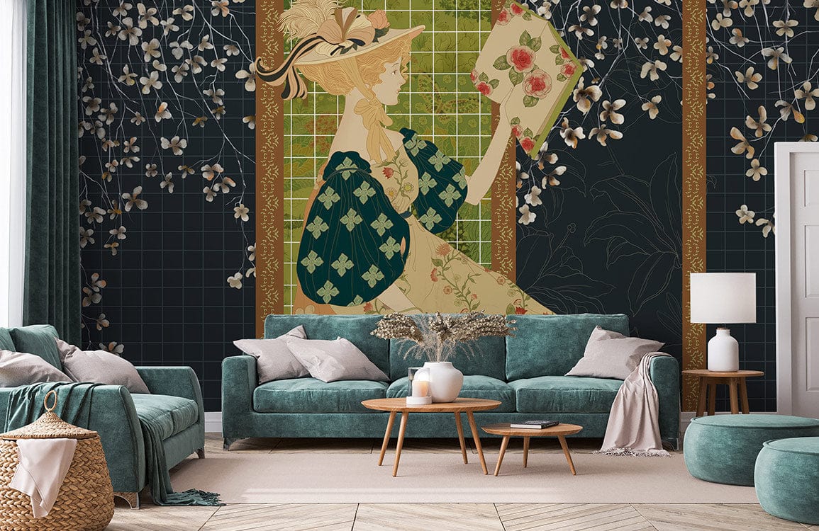 Salon avec deux canapés teal, mural fille lisant et vignes florales en arrière-plan