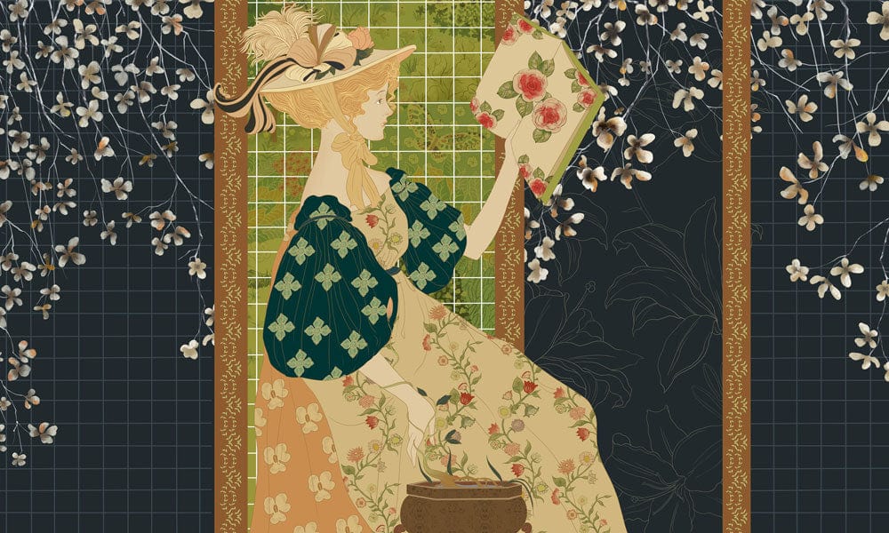 Illustration stylisée d’une fille lisant dans un décor de vignes florales pour peint mural fille