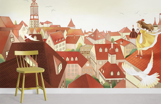 Papier peint mural Fille sur le toit - Le meilleur Papier peint panoramique Sur mesure