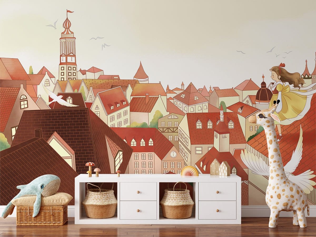 Papier peint mural Fille sur le toit - Le meilleur Papier peint panoramique Sur mesure
