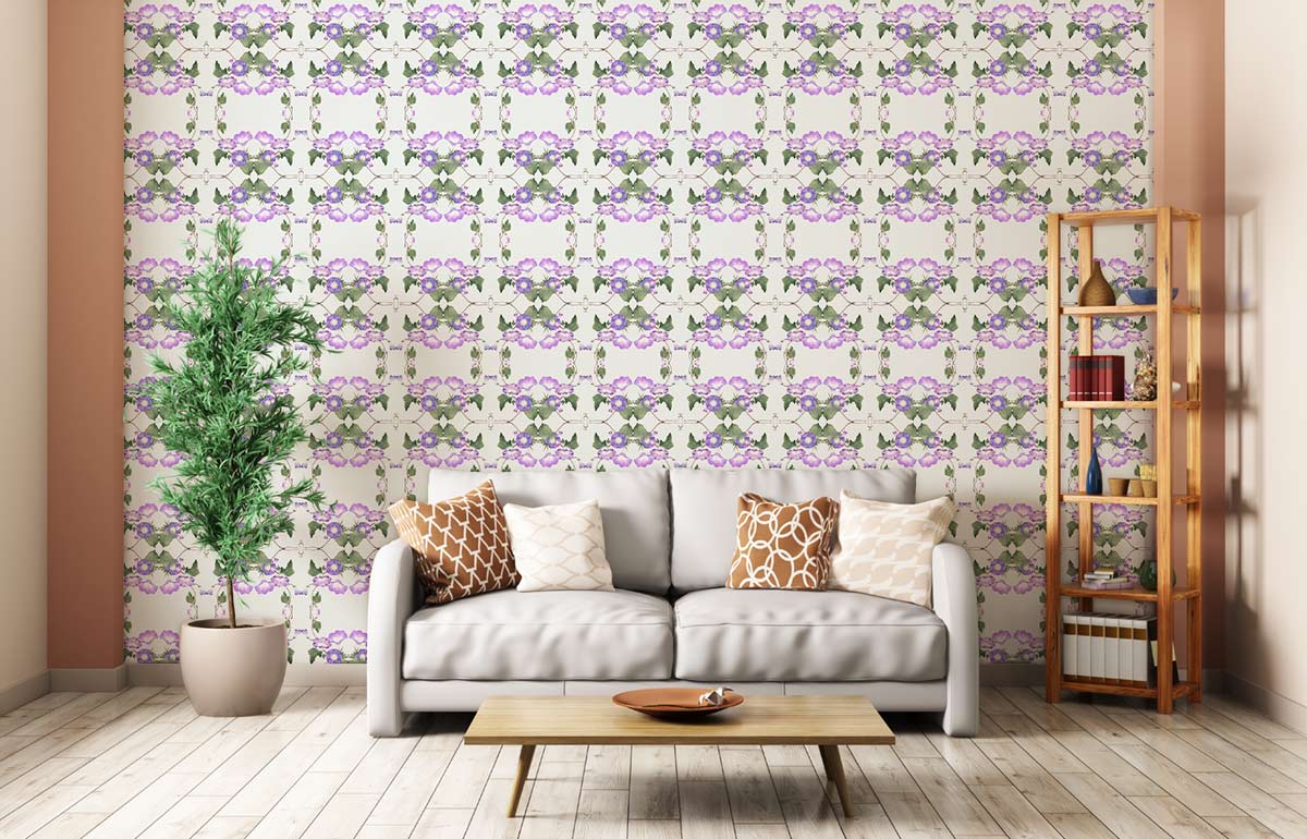Canapé gris clair deux places avec coussins, idéal avec le papier peint mural fleurs
