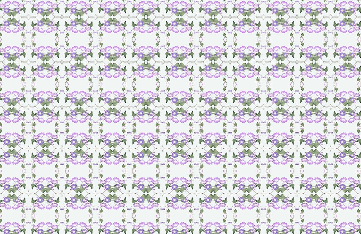 Motif floral répétitif en violet et vert sur fond blanc, idéal pour peint mural fleur