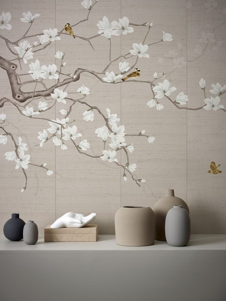 Papier peint mural fleur de magnolia pure avec fleurs blanches et oiseaux sur branches