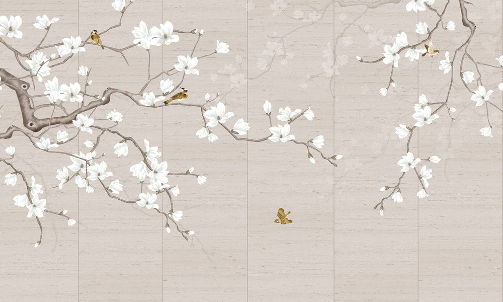 Papier peint mural fleur de magnolia pure avec branches de cerisiers et petits oiseaux