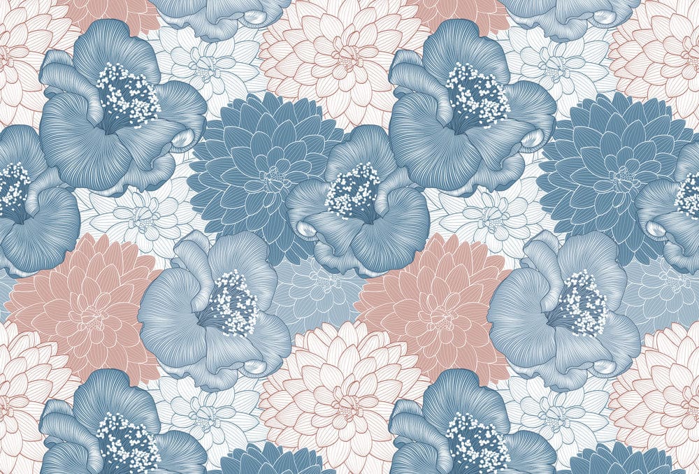 Papier peint mural fleur avec motif de camellias et dahlias bleus sur fond clair