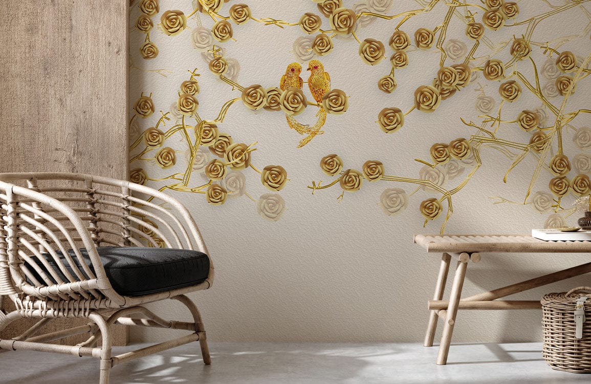 Papier peint mural fleur dorée en 3D avec roses dorées et oiseaux sur branches