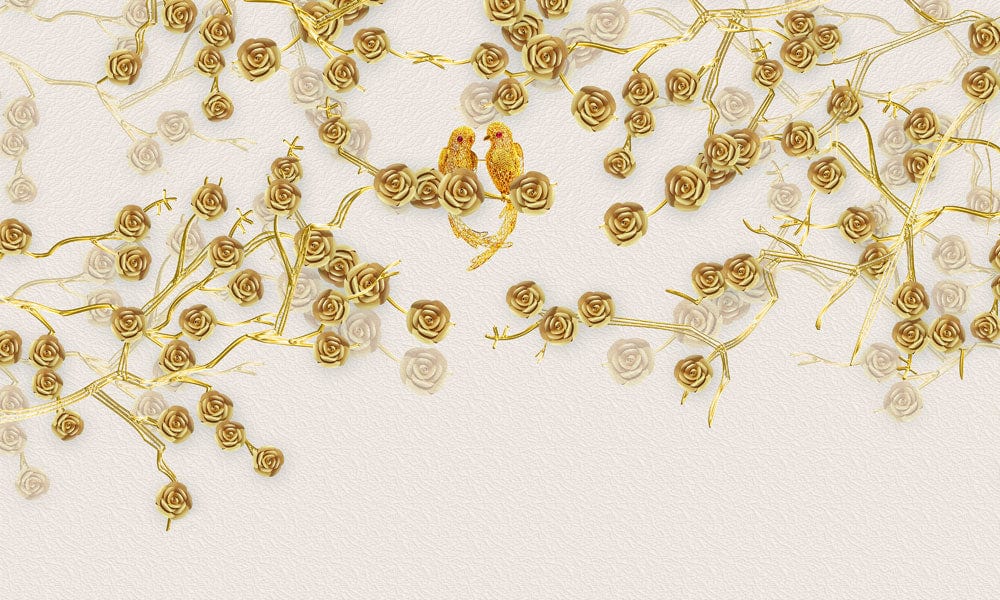 Papier peint mural Fleur dorée en 3D avec oiseaux dorés et roses sur branche