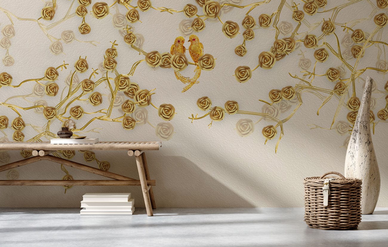 Papier peint mural Fleur dorée en 3D avec motifs floraux et oiseaux élégants