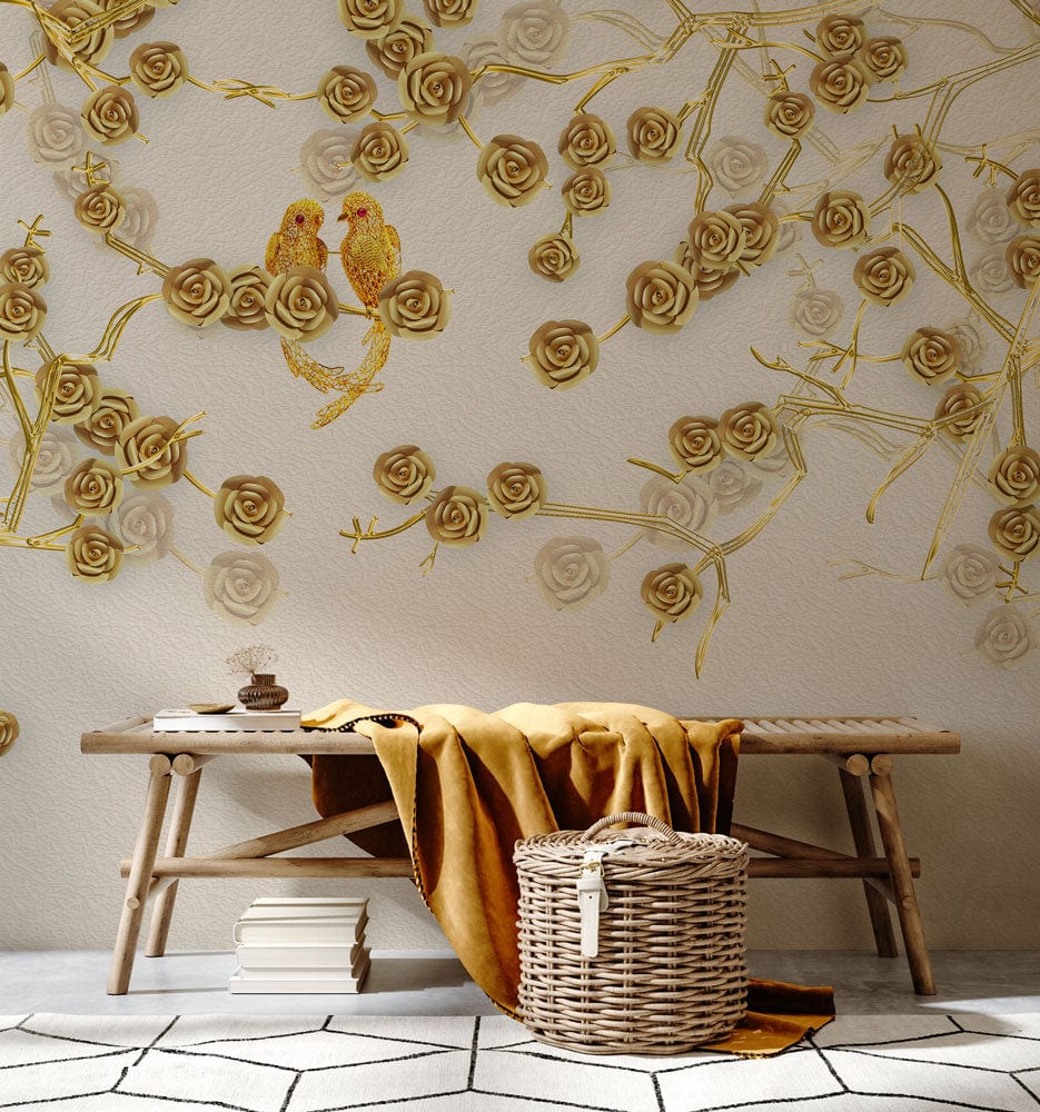 Photo d’une banquette en bois avec couverture jaune et panier tissé, dans le mural fleur dorée en 3D