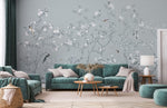 Peint Mural Fleur Incolore Éveil de Nature et Oiseaux sur Vert Pâle - Vignette | Mr Papier Peint